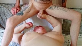 stepson jerks cock and cum fat old stepmom in mouth and face