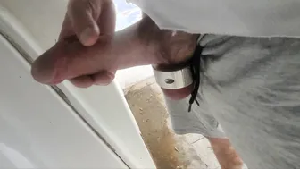 Hung French twink jerks off his big cock in public restroom