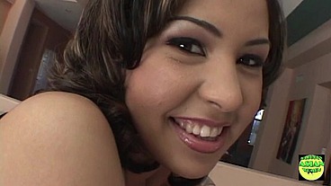 Stunning brunette lets two guys use her mouth and pussy in hopes of getting facials