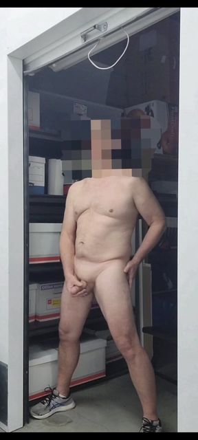 Solosexual old man masturbating in storage space