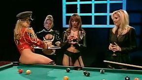 Bunch of hungry lesbo babes fucked each other with strapon on billiard table