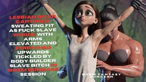 Lesbian bitch captured sweating fit as fuck Slave whore with arms elevated and stretched upwards tickled by body builder slave bitch in bdsm bondage session