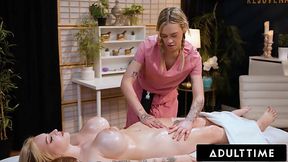 Cute masseuse and a sexy client get horny and arrange a lesbian session