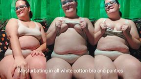 Masturbating in all white cotton bra and panties