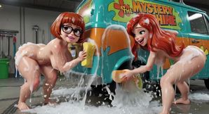 Velma and Daphne Enjoy a Sensual Soapy Nude Car Wash Cleaning the Classic Mystery Machine Van Thoroughly