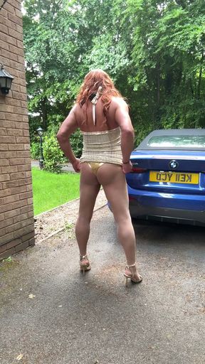Sexy kellycd2022 in gold backless dress and seamless pantyhose and heels   Clip 3