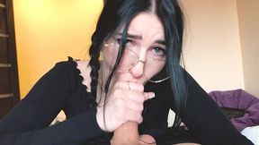 beatiful teen in glasses doing very sensual & sloppy blowjob to her older stepbrother, what a sexy slut