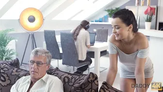 Grey haired older man fucks a petite young brunette teen