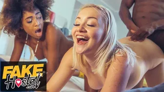 Petite blonde teen Marilyn Sugar takes her first big black cock in a threesome with an ebony couple