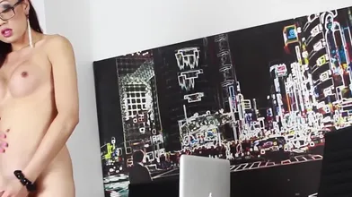 Glasses Asian Shemale Venus Lux Jerks Off During Work Hours