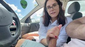American nerdy teen chick jerks my cock right in a car