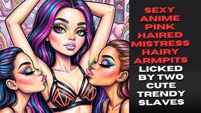 sexy anime pink haired kinky pit obsessed mistress hairy armpits licked by two cute glamorous hot slaves