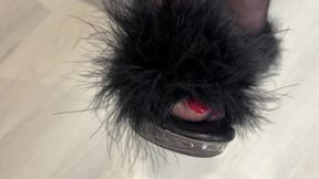 #378 Mrs Mature Feet wearing sexy fluffy Mules