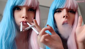 Smoking Babe with big tits gives blowjob