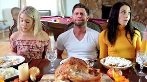 Wild handjob from brunette and blonde stepsisters during Thanksgiving dinner
