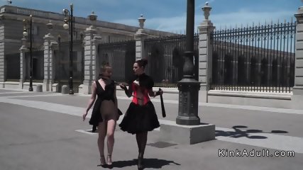 Big butt babe plugged and whipped in public