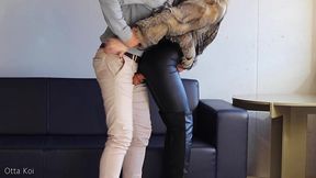 Torn leather leggings and fur coat get fucked rough