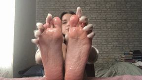 Oil feet massage with medical gloves!