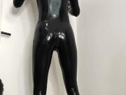 Femboy showing and polishing his black shiny latex catsuit