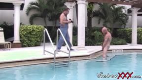 ”Horny daddies poolside barebacking until spilling cumshot”