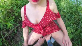 Lost and scared petite GF gives a sloppy blowjob outdoors