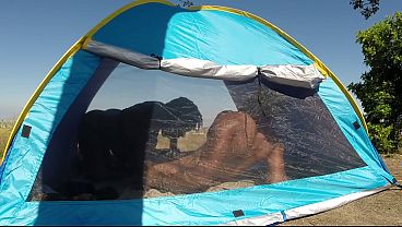 Outdoors, a curvy black amateur couple enjoys nature as she gives him an