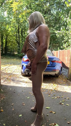 Sexy Crossdresser Kellycd2022 in Gold Leopard Print Dress Tan Pantyhose and Heels S