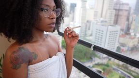 beautiful brazilian girl smoking a cigarette in a towel by the window and having sex with her friend , garota linda brasileira fumando um cigarro de toalha na janela e transando com o amigo , elisa s