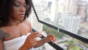 beautiful brazilian girl smoking a cigarette in a towel by the window and having sex with her friend , garota linda brasileira fumando um cigarro de toalha na janela e transando com o amigo , elisa s