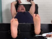 Older dude Brendan Cage is bound to the table and tickled