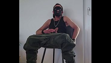 Barefoot soldier cums on feet