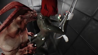 skyrim demon and latex catsuit women in the bathroom