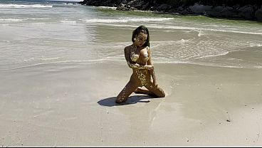 Hot Monika Fox In Gold On Public Beach
