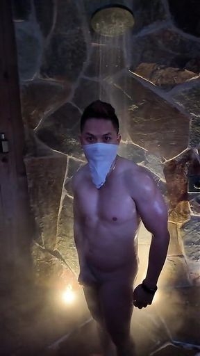 Naked Asian Muscle Hunk Dawn Outdoor Shower Flex - Thick Biceps, 6-pack Abs, V-taper Back & Big Cumshot