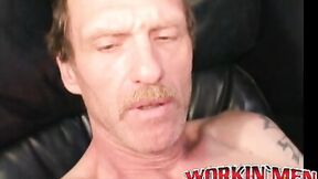 Old man with mustache strokes his long shaft until he cums