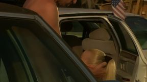 junkyard sunset fuck - blonde with a ponytail taken on the hood of a wreck