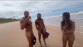 Latina GF and her friends play at the nude beach with some hot guys