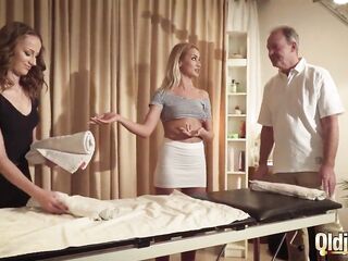 Grandpapa gets oil massage from two nice-looking teen angels
