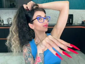 Finger snapping, long red nails, Long fingers and palms spreading very wide and more