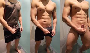 Golden shower soaked muscle jock jerks off in gym shower