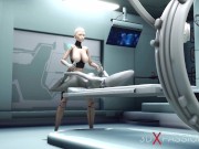 Sexy sci-fi female android plays with an alien in the surgery room in the space station