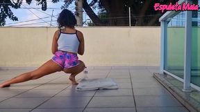 Petite brunette Espuleta Maia shows off her big Brazilian ass in fitted athletic shorts