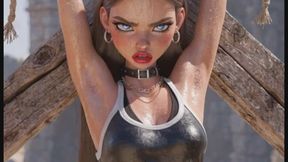 Hot Athletic sweaty bitch is tied to an x frame in sexy BDSM bondage watch her struggle and sweat from her armpits in the hot sun