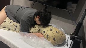 Asian student covered in thick cum as he fucks the futon for the last time