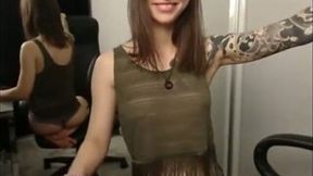 Amateur chestnut haired teen with cute tattoos strips on the webcam