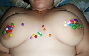 Sucking My Wife's Big Natural Breasts with Chocolate Dandy Candies, How Sweet It Is to Be Breastfed