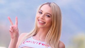 Cute-looking teen blonde Lily Larimar takes a big dick in her small mouth