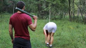 Tied up and fucked with a stick in the woods, cum from ass to mouth. Submissive russian MILF