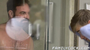 Joining my step dad Kristofer Weston in the shower so I can suck his dick