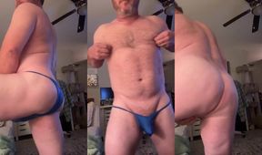 Daddy Bear Maxwell Cox back with thick cock stuffed in man thong while he jerks off his gay smooth ass